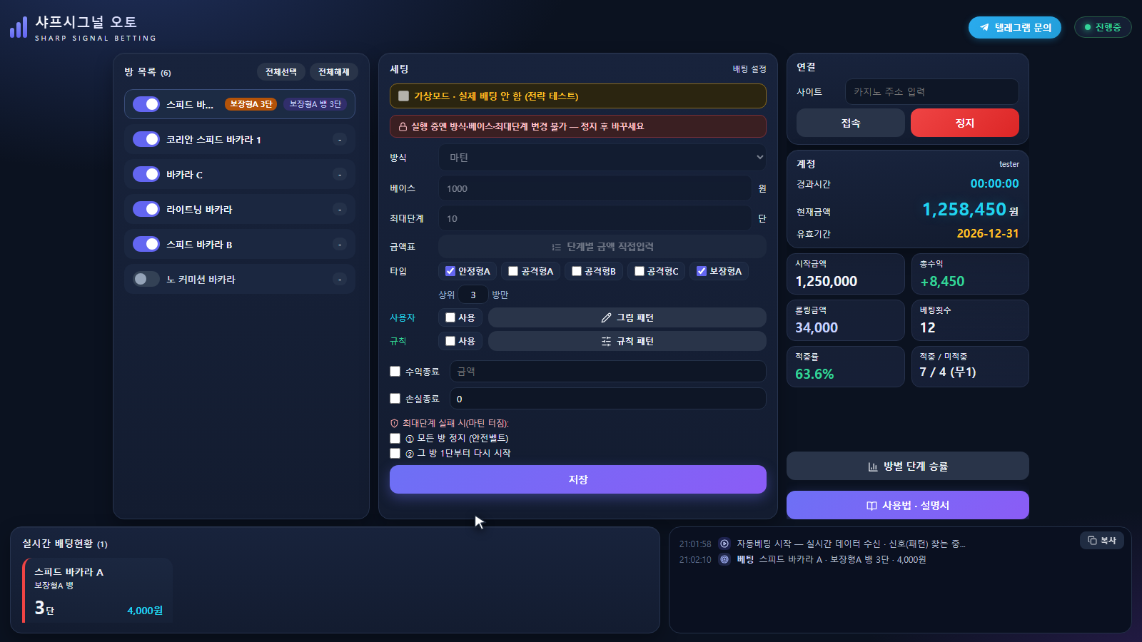 샤프시그널 오토 바카라 오토프로그램 실제 대시보드: 방 목록, 가상모드·배팅 설정, 계정과 손익 현황, 실시간 배팅현황과 로그